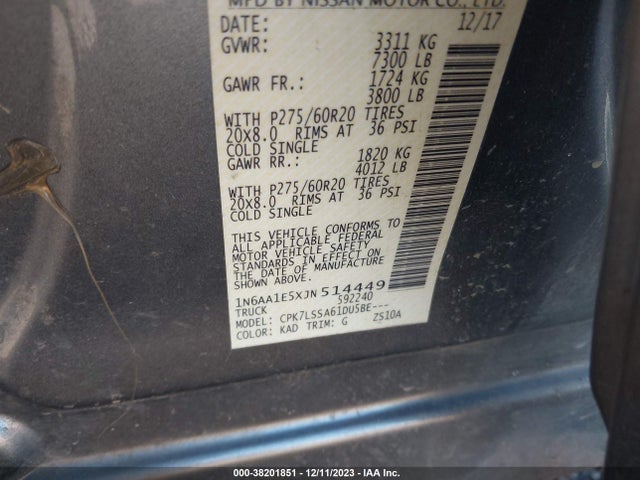 Nissan TITAN SV 2018 1N6AA1E5XJN514449 Image 9