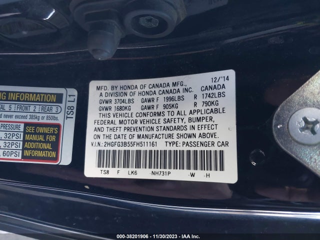 Honda Civic Lx 2015 2HGFG3B55FH511161 Image 9