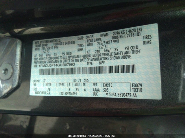 2016 FORD ESCAPE S VIN: 1FMCU0F74GUB07993