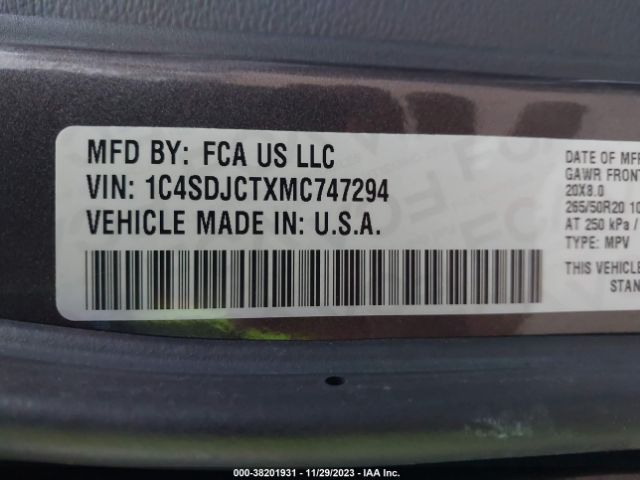 1C4SDJCTXMC747294 Dodge Durango R/t Awd