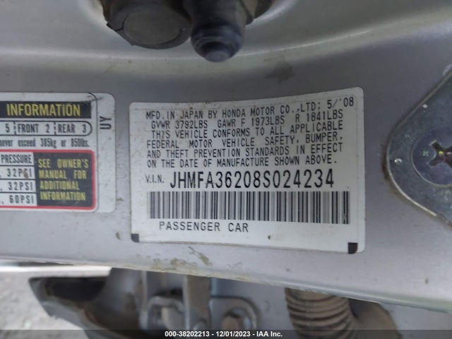 2008 HONDA CIVIC HYBRID VIN: JHMFA36208S024234