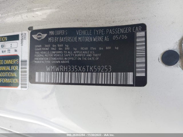 2006 MINI COOPER S WMWRH335X6TK59253 Photo 8