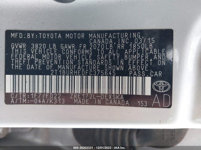 2015 TOYOTA COROLLA S PLUS VIN: 2T1BURHE0FC375645