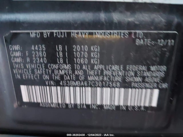 2012 SUBARU LEGACY 2.5I VIN: 4S3BMBA67C3017568
