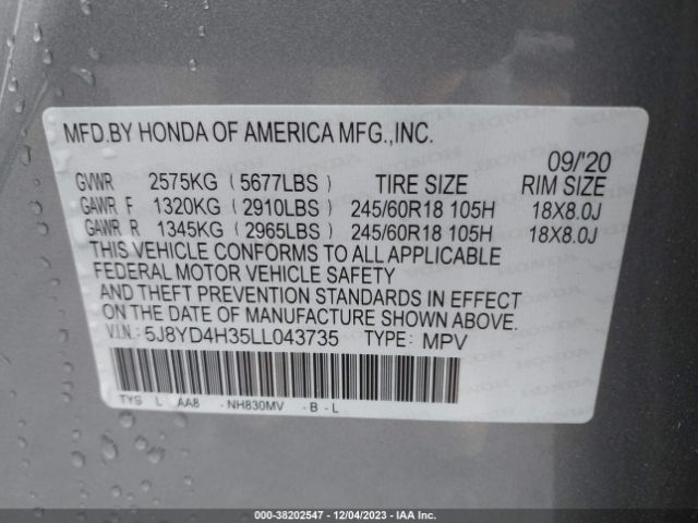5J8YD4H35LL043735 Acura Mdx Standard