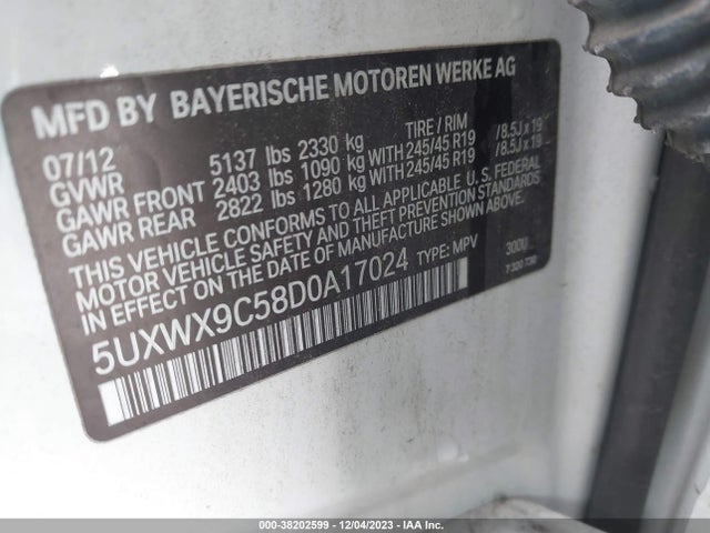 2013 BMW X3 XDRIVE28I VIN: 5UXWX9C58D0A17024