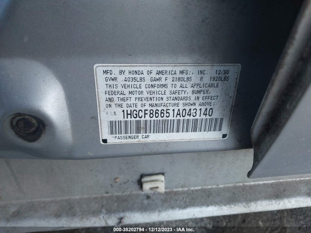 2001 HONDA ACCORD SDN VP VIN: 1HGCF86651A043140