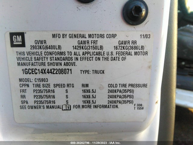 2004 CHEVROLET SILVERADO 1500 WORK TRUCK VIN: 1GCEC14X44Z208071