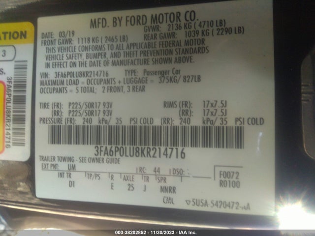 Ford Fusion Hybrid Se 2019 3FA6P0LU8KR214716 Image 9