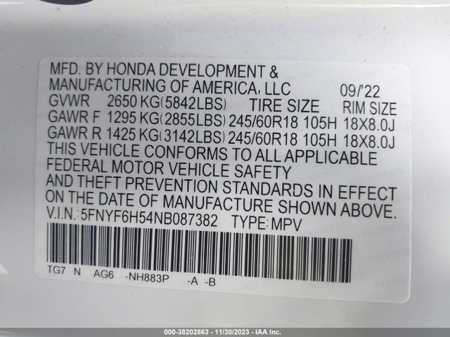 Honda Pilot Awd Ex-l 2022 5FNYF6H54NB087382 Image 9
