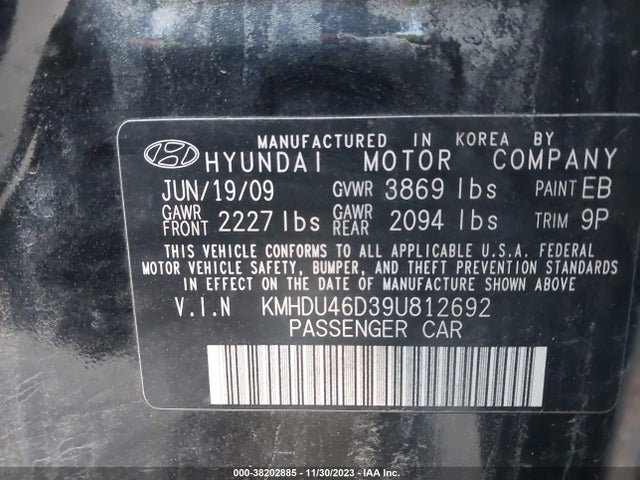 2009 HYUNDAI ELANTRA SE VIN: KMHDU46D39U812692