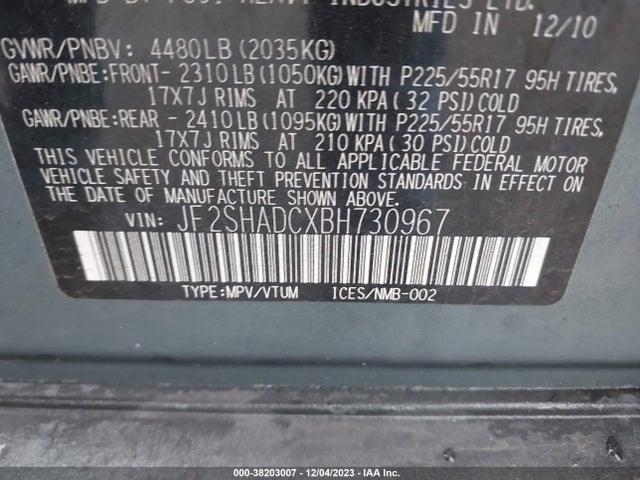 2011 SUBARU FORESTER 2.5X PREMIUM VIN: JF2SHADCXBH730967