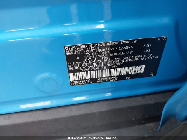 2020 TOYOTA RAV4 XLE HYBRID VIN: 2T3RWRFVXLW084518