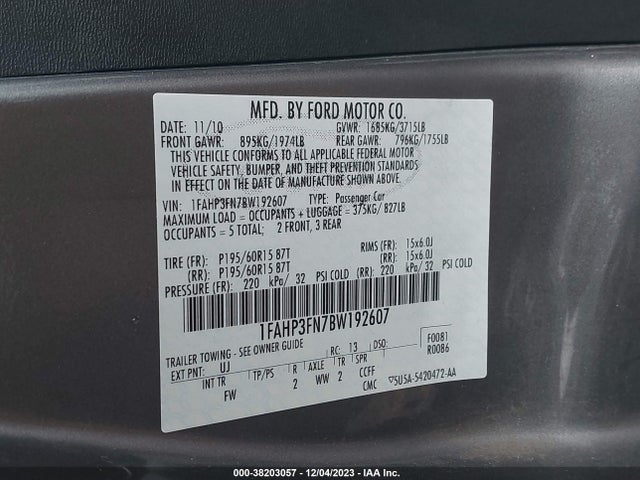 2011 FORD FOCUS SE VIN: 1FAHP3FN7BW192607