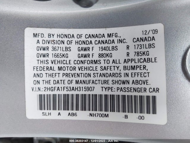 2010 HONDA CIVIC LX VIN: 2HGFA1F53AH315907