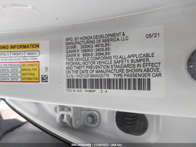2021 HONDA ACCORD SPORT 2.0T VIN: 1HGCV2F39MA020776