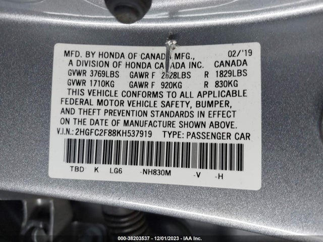 Honda Civic Sport 2019 2HGFC2F88KH537919 Image 9