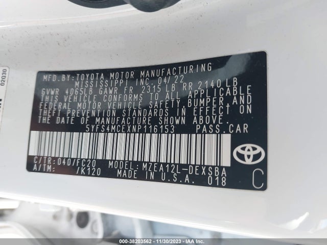 2022 TOYOTA COROLLA SE NIGHTSHADE EDITION VIN: 5YFS4MCEXNP116153