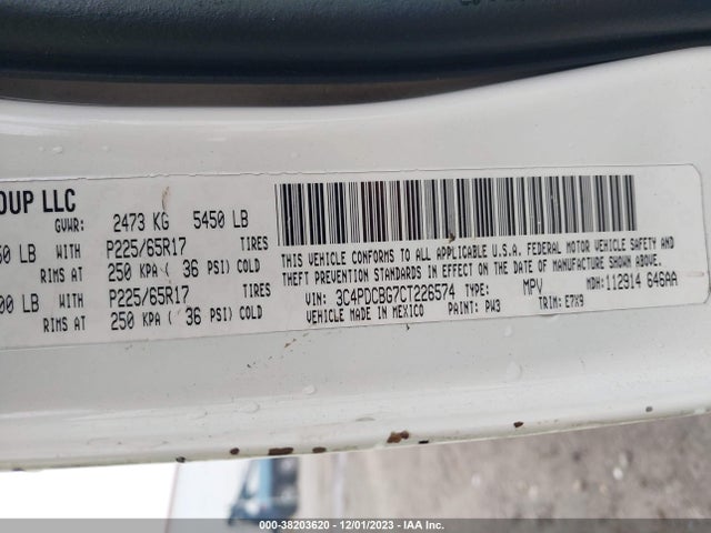 2012 DODGE JOURNEY SXT VIN: 3C4PDCBG7CT226574
