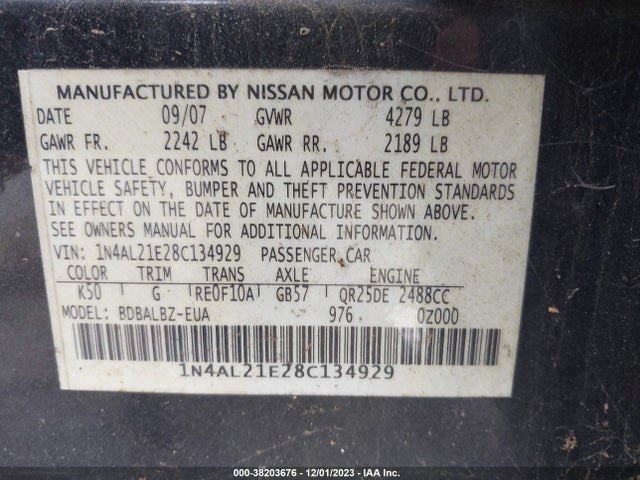 2008 NISSAN ALTIMA 2.5 S VIN: 1N4AL21E28C134929