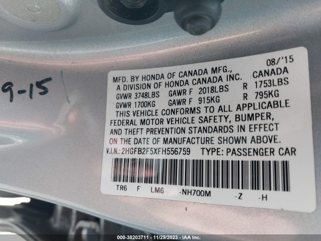 Honda Civic Lx 2015 2HGFB2F5XFH556759 Image 9