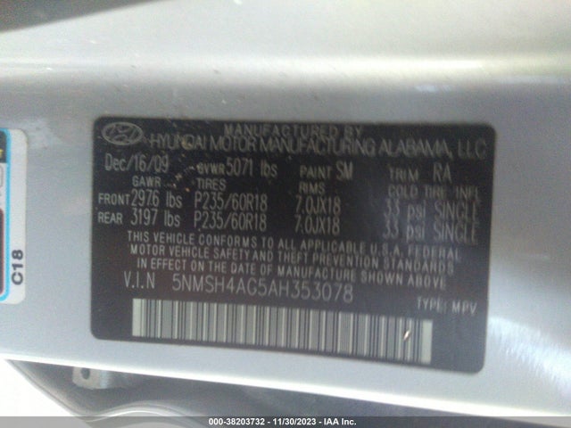 2010 HYUNDAI SANTA FE SE VIN: 5NMSH4AG5AH353078