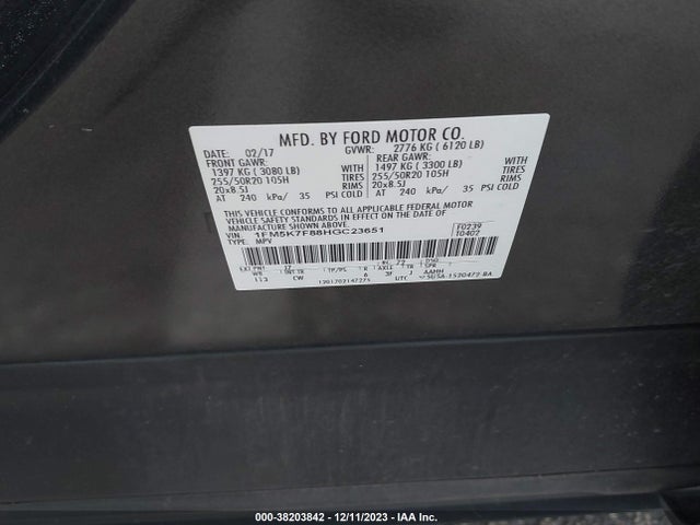2017 FORD EXPLORER LIMITED VIN: 1FM5K7F88HGC23651