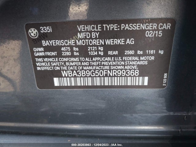 BMW 335i Xdrive 2015 WBA3B9G50FNR99368 Image 9