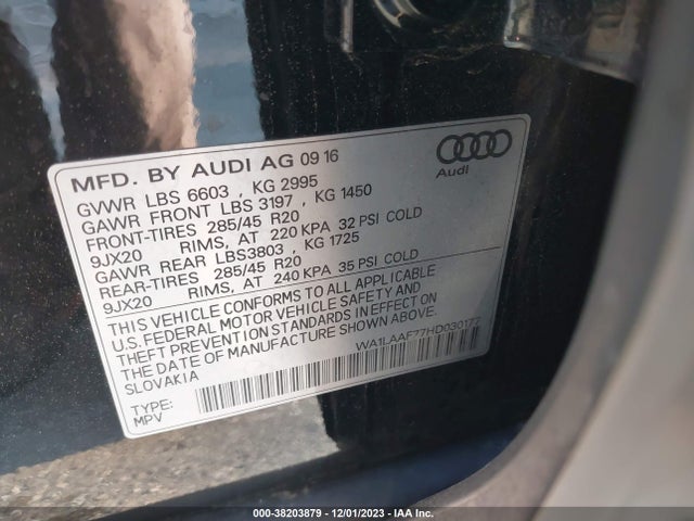 2017 AUDI Q7 3.0T PREMIUM VIN: WA1LAAF77HD030177
