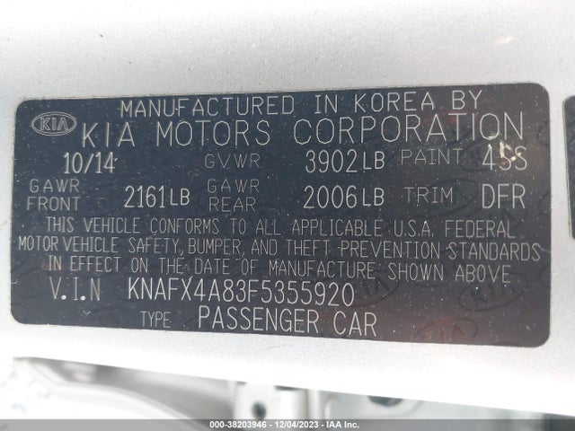 2015 KIA FORTE EX VIN: KNAFX4A83F5355920