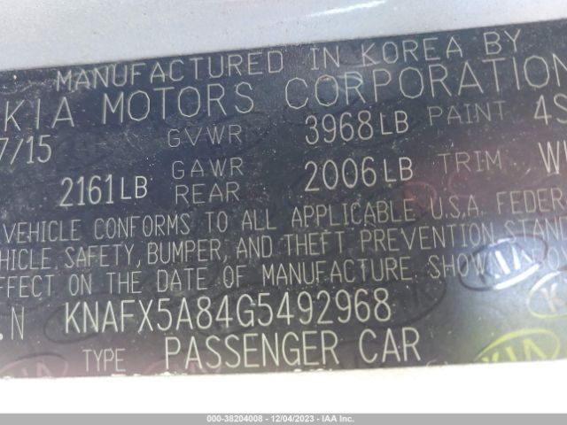 KNAFX5A84G5492968 KIA FORTE EX