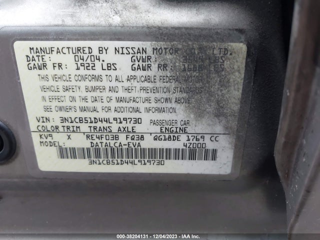 2004 NISSAN SENTRA 1.8 VIN: 3N1CB51D44L919730