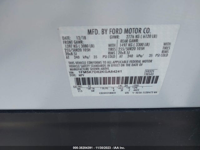 2019 FORD EXPLORER XLT VIN: 1FM5K7D82KGA84241