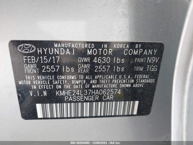 2017 HYUNDAI SONATA HYBRID SE VIN: KMHE24L37HA062574