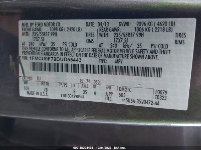 2013 FORD ESCAPE S VIN: 1FMCU0F79DUD55443