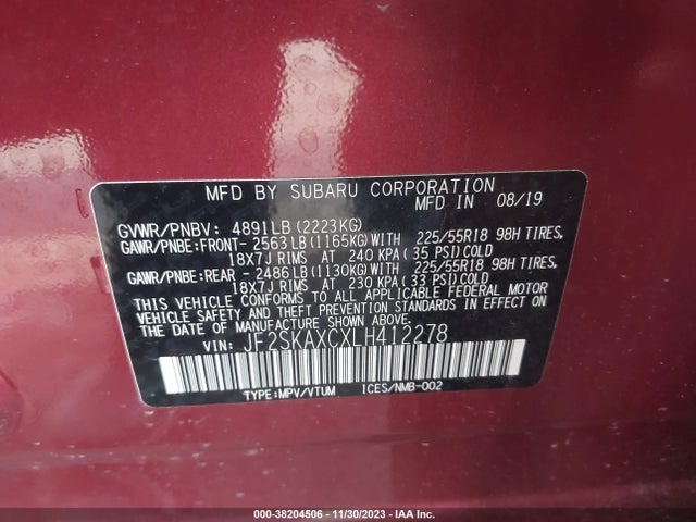 2020 SUBARU FORESTER TOURING VIN: JF2SKAXCXLH412278