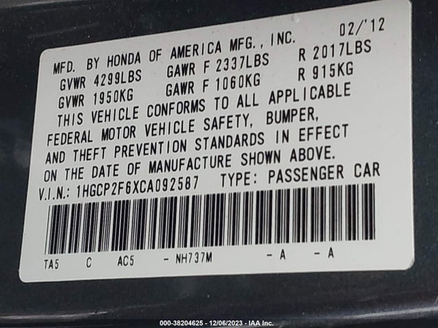 2012 HONDA ACCORD 2.4 SE VIN: 1HGCP2F6XCA092587