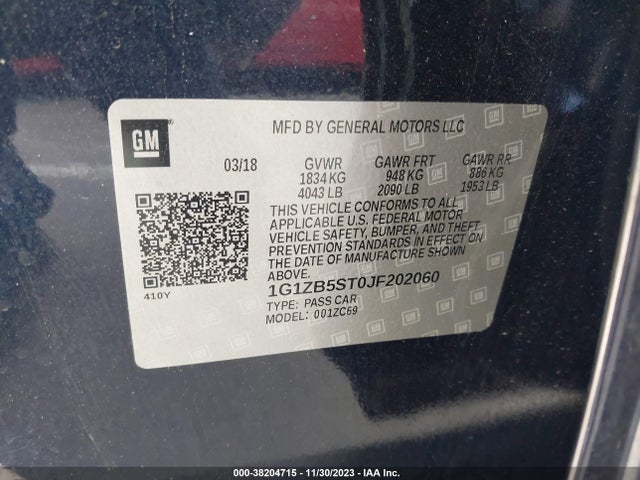 2018 CHEVROLET MALIBU 1LS VIN: 1G1ZB5ST0JF202060