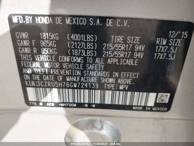 3CZRU5H76GM724139 Honda Hr-v Ex-l