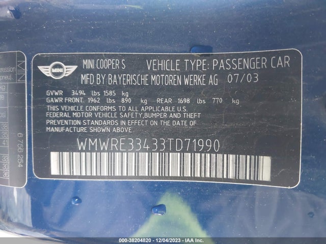 2003 MINI COOPER S WMWRE33433TD71990 Photo 8