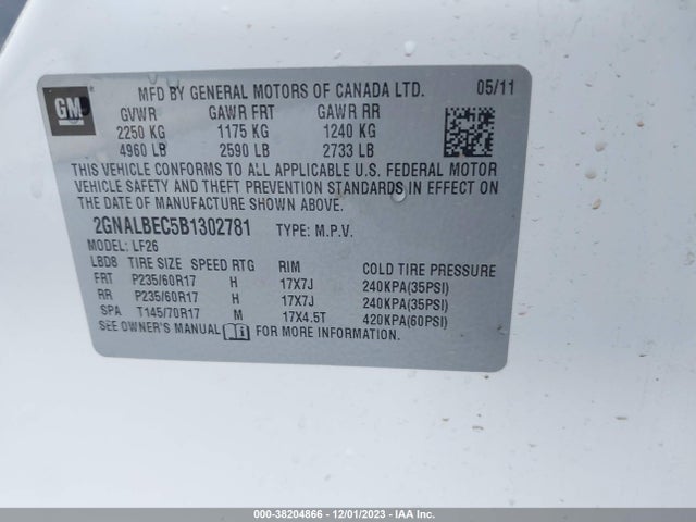 2011 CHEVROLET EQUINOX LS VIN: 2GNALBEC5B1302781