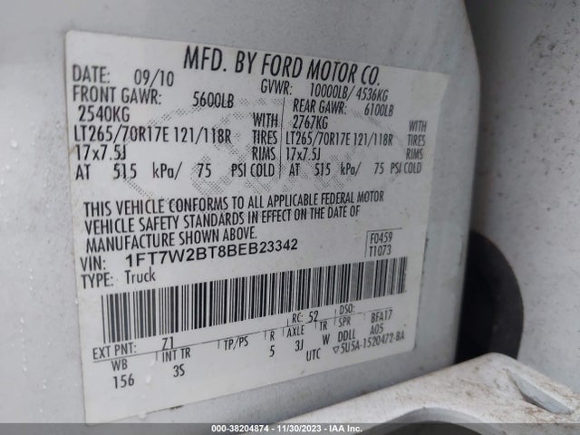 38204874 :رقم المزاد ، 1FT7W2BT8BEB23342 vin ، 2011 Ford F-250 Xlt مزاد بيع