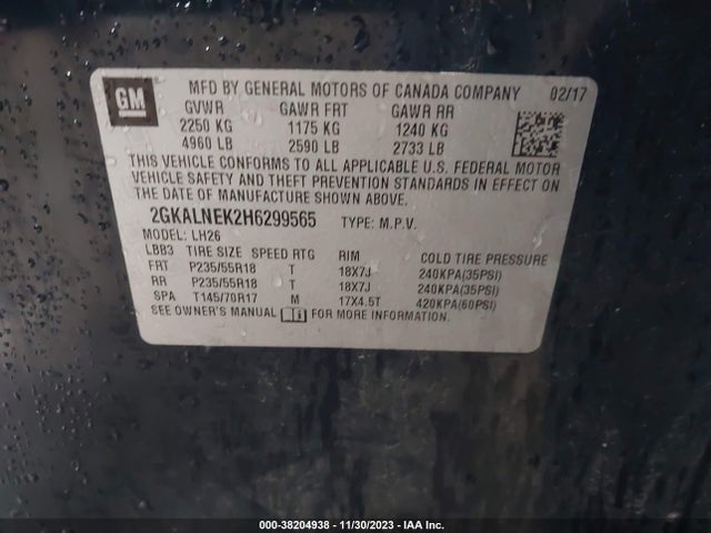 2017 GMC TERRAIN SLE-2 VIN: 2GKALNEK2H6299565