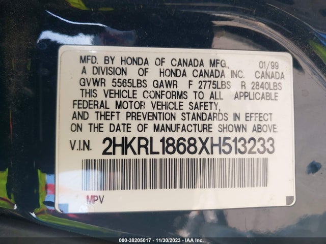 1999 HONDA ODYSSEY EX VIN: 2HKRL1868XH513233