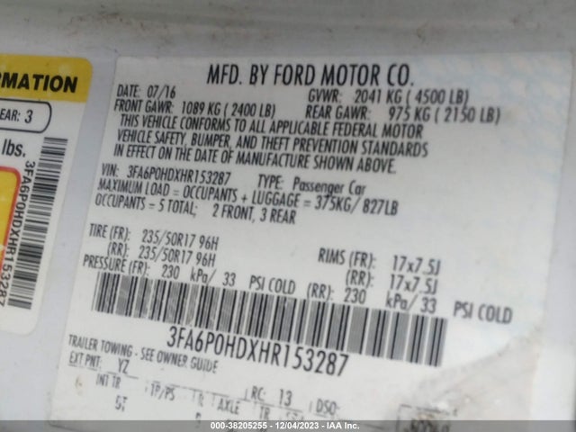 Ford FUSION SE 2017 3FA6P0HDXHR153287 Image 9