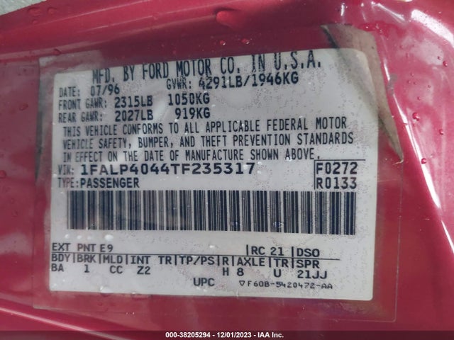 1996 FORD MUSTANG VIN: 1FALP4044TF235317
