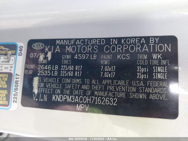 2017 KIA SPORTAGE LX VIN: KNDPM3AC0H7162632