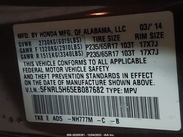 5FNRL5H65EB087682 Honda Odyssey Ex-l