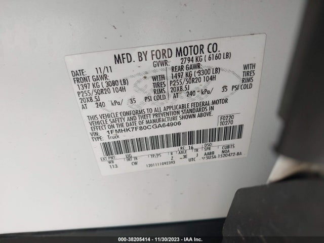 2012 FORD EXPLORER LIMITED VIN: 1FMHK7F80CGA64906