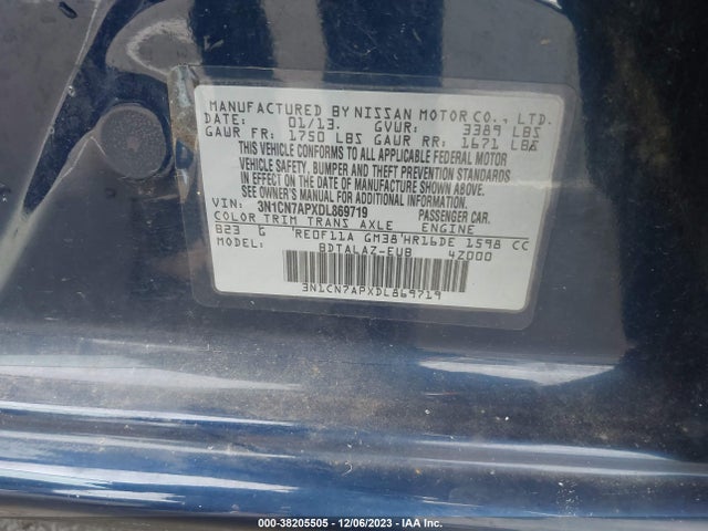 2013 NISSAN VERSA 1.6 S+ VIN: 3N1CN7APXDL869719